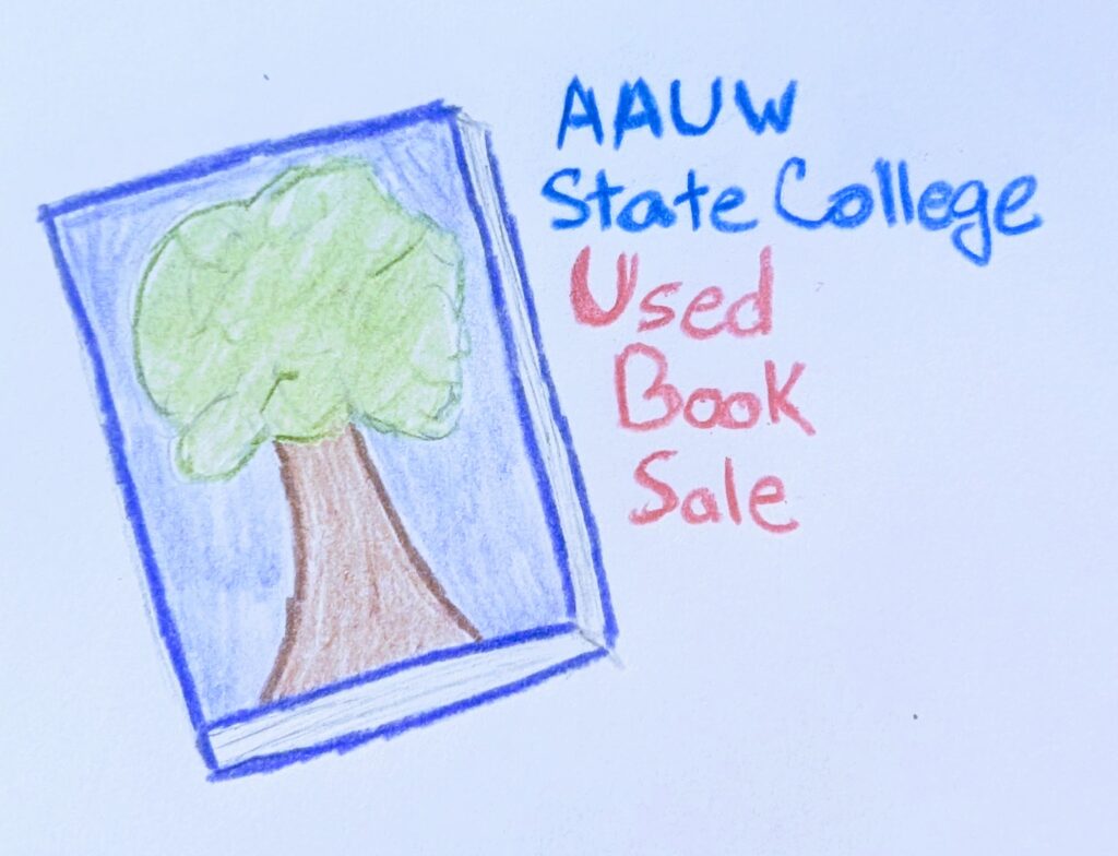 Hand-drawn example logo: a blue book with a green tree on its cover, beside the handwritten words AAUW State College Used Book Sale.