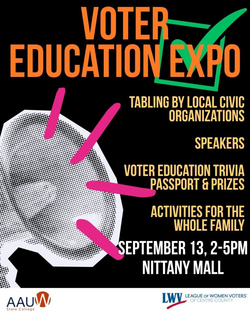 Voter Education Expo flyer: tabling by local civic organizations, speakers, voter education trivia, passport and prizes, and activities for the whole family. September 13, 2 to 5pm, Nittany Mall. Hosted by AAUW State College and the League of Women Voters of Centre County.